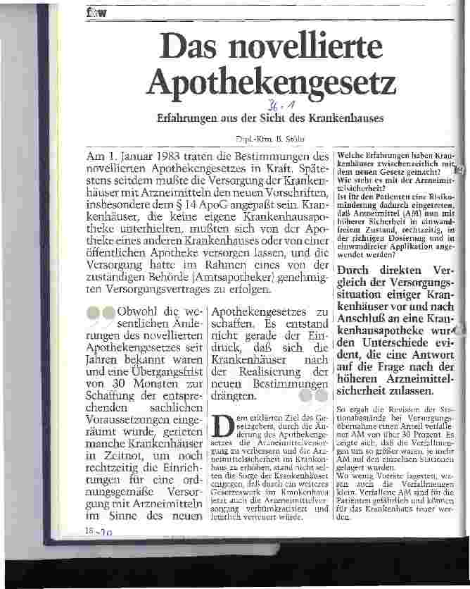 Vorschauseite 1: Das novellierte Apothekengesetz Erfahrungen aus der Sicht des Krankenhauses