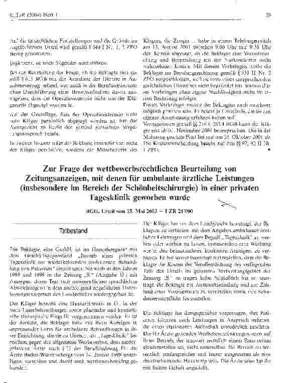 Vorschauseite 1: Zur Frage der wettbewerbsrechtlichen Beurteilung von Zeitungsanzeigen, mit denen für ambulante ärztliche Leistungen (insbesondere im Bereich der Schönheitchirurgie) in einer priva…