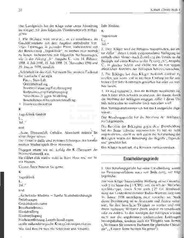Vorschauseite 2: Zur Frage der wettbewerbsrechtlichen Beurteilung von Zeitungsanzeigen, mit denen für ambulante ärztliche Leistungen (insbesondere im Bereich der Schönheitchirurgie) in einer priva…