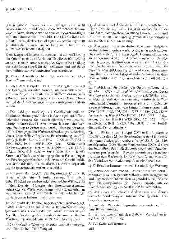 Vorschauseite 3: Zur Frage der wettbewerbsrechtlichen Beurteilung von Zeitungsanzeigen, mit denen für ambulante ärztliche Leistungen (insbesondere im Bereich der Schönheitchirurgie) in einer priva…