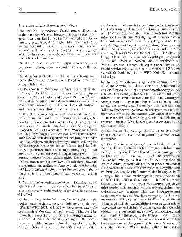 Vorschauseite 4: Zur Frage der wettbewerbsrechtlichen Beurteilung von Zeitungsanzeigen, mit denen für ambulante ärztliche Leistungen (insbesondere im Bereich der Schönheitchirurgie) in einer priva…