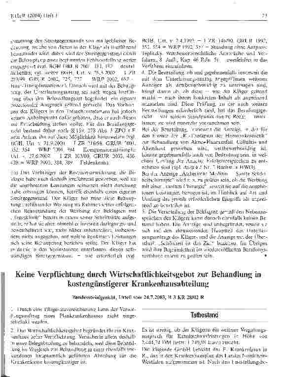 Vorschauseite 5: Zur Frage der wettbewerbsrechtlichen Beurteilung von Zeitungsanzeigen, mit denen für ambulante ärztliche Leistungen (insbesondere im Bereich der Schönheitchirurgie) in einer priva…