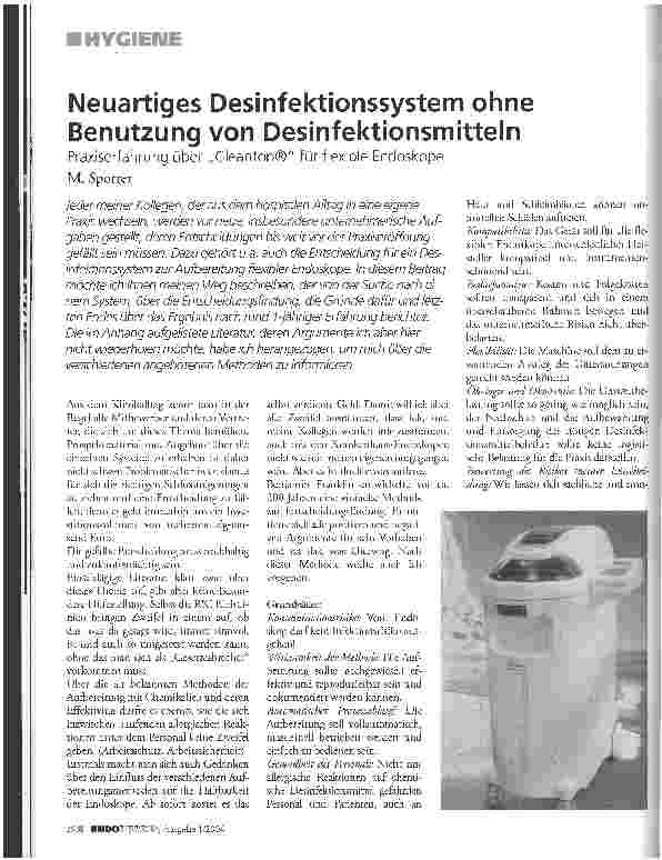Vorschauseite 1: Neuartiges Desinfektionssystem ohne Benutzung von Desinfektionsmitteln Praxiserfahrung über Cleantop für flexible Endoskope