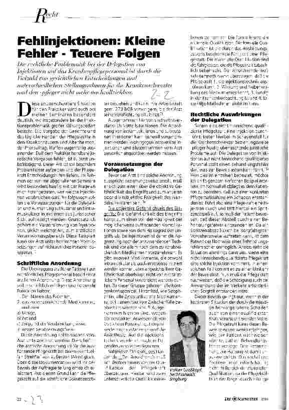 Vorschauseite 1: Fehlinjektionen: Kleine Fehler - Teuere Folgen Die rechtliche Problematik bei der Delegation von Injektionen ...