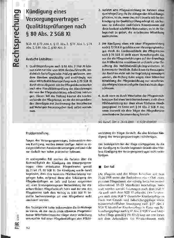 Vorschauseite 1: Kündigung eines Versorgungsvertrages - Qualitätsprüfungen nach § 80 Abs. 2 SGB XI SG Kassel, Urteil vom 26.01.2000