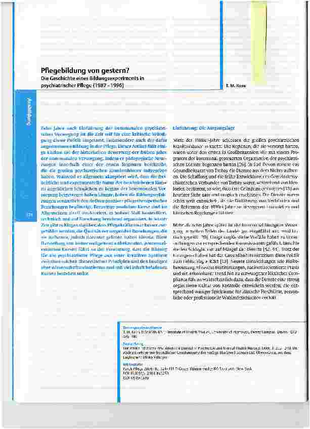 Vorschauseite 1: Pflegebildung von gestern?Die Geschichte eines Bildungsexperiments in psychiatrischer Pflege (1987 -1996)