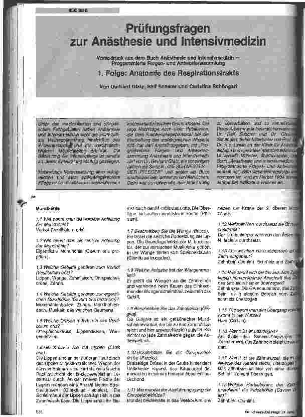 Vorschauseite 1: Prüfungsfragen zur Anästhesie und Intensivmedizin 1.Folge Anatomie des Respirationstraktes