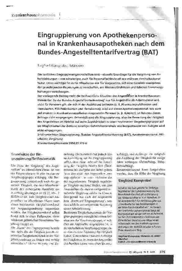 Vorschauseite 1: Eingruppierung von Apothekenpersonal in Krankenhausapotheken nach dem Bundes-Angestelltentarifvertrag (BAT)
