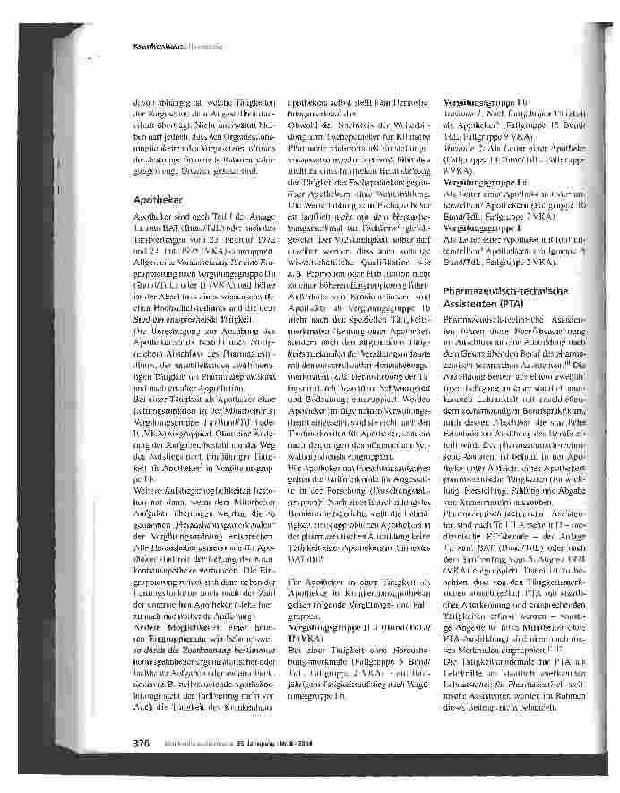 Vorschauseite 2: Eingruppierung von Apothekenpersonal in Krankenhausapotheken nach dem Bundes-Angestelltentarifvertrag (BAT)