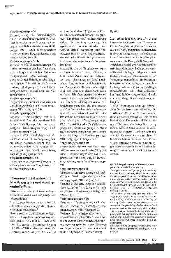 Vorschauseite 3: Eingruppierung von Apothekenpersonal in Krankenhausapotheken nach dem Bundes-Angestelltentarifvertrag (BAT)