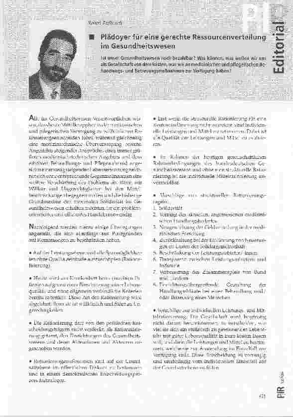 Vorschauseite 1: Plädoyer für eine gerechte Ressourcenverteilung im Gesundheitswesen