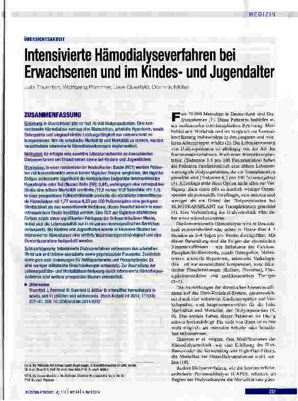 Vorschauseite 1: Intensivierte Hämodialyseverfahren bei Erwachsenen und im Kindesund Jugendalter