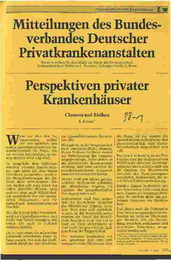 Vorschauseite 1: Mitteilungen des Bundesverbandes Deutscher Privatkrankenanstalten Perspektiven privater Krankenhäuser