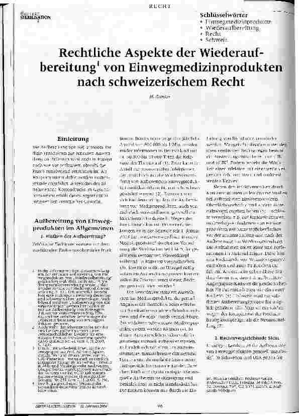 Vorschauseite 1: Rechtliche Aspekte der Wiederaufbereitung von Einwegmedizinprodukten nach schweizerischem Recht