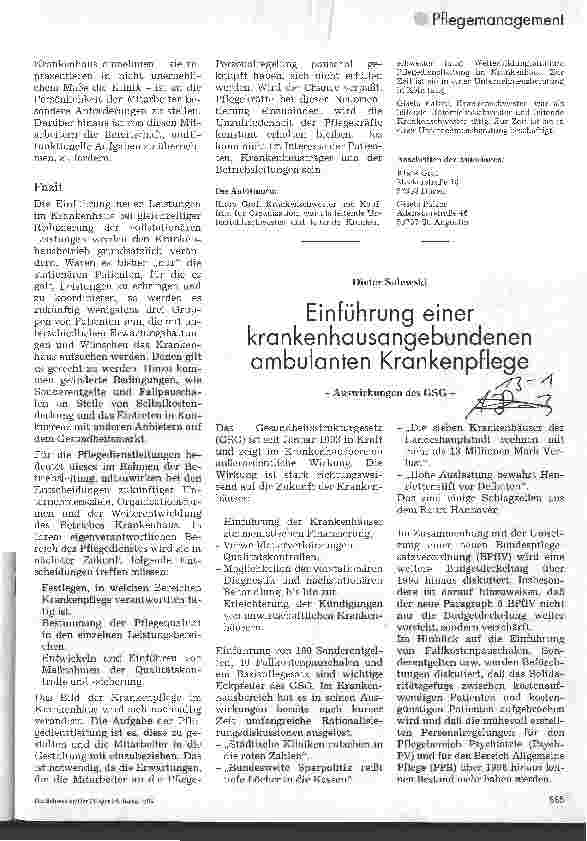 Vorschauseite 1: Einführung einer krankenhausangebundenen ambulanten Krankenpflege Auswirkungen des GSG