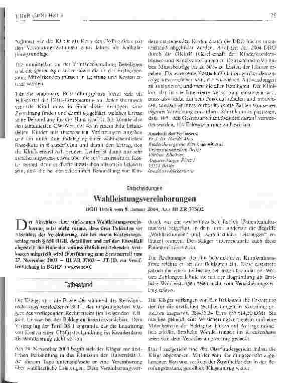 Vorschauseite 1: WahlleistungsvereinbarungenBGH Urteil vom 8. Januar 2004, Az.: III ZR 375/02