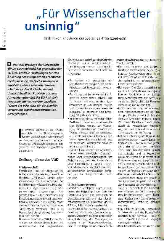 Vorschauseite 1: Für Wissenschaftler unsinnigUnikliniken kritisieren europäisches Arbeitszeitrecht