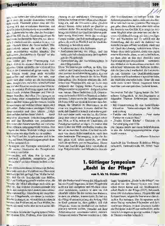 Vorschauseite 1: 1. Göttinger Symposium Recht in der Pflege vom 9. - 10. Oktober 1993