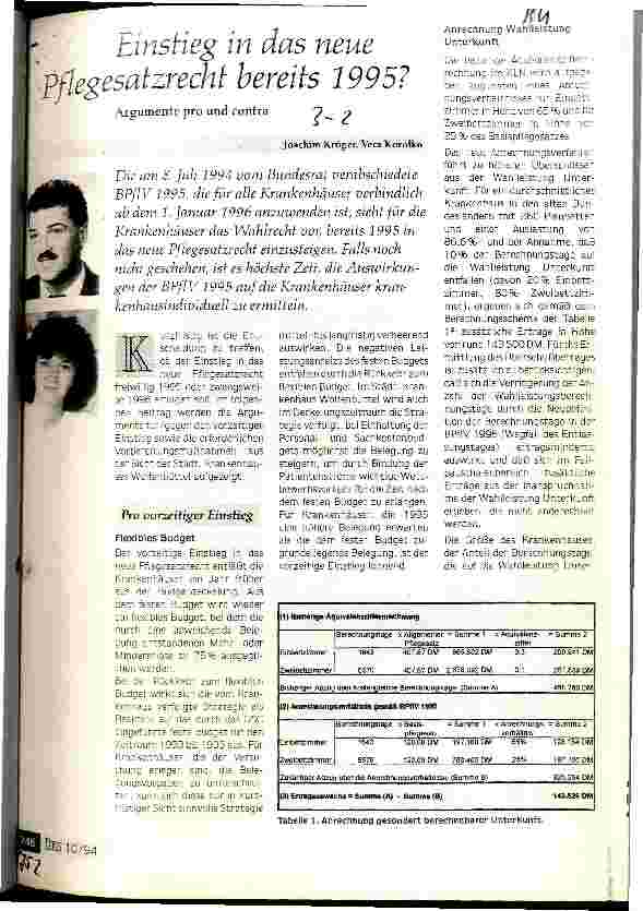 Vorschauseite 1: Einstieg in das neue Pflegesatzrecht bereits 1995? Argumente pro und contra