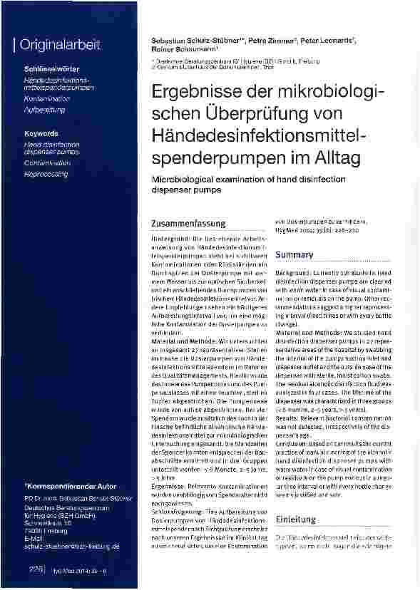 Vorschauseite 1: Ergebnisse der mikrobiologischen Überprüfung von Händedesinfektionsmittel-spenderpumpen im Alltag