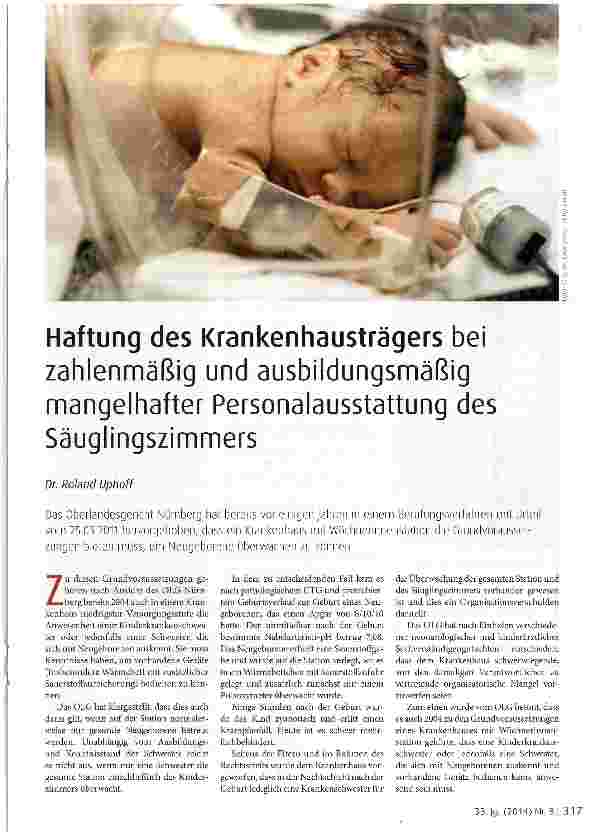 Vorschauseite 1: Haftung des Krankenhausträgers bei zahlenmäßig und ausbildungsmäßig mangelhafter Personalausstattung des Säuglingszimmers