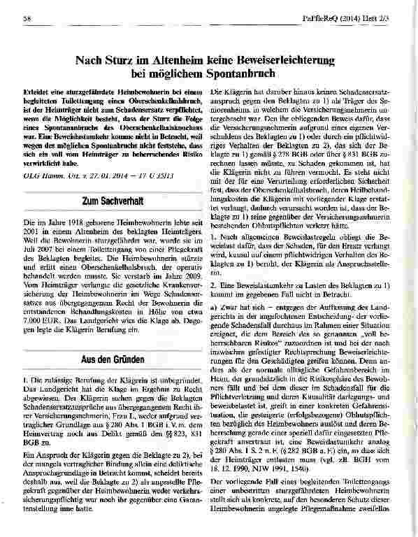 Vorschauseite 1: Nach Sturz im Altenheim keine Beweiserleichterung bei möglichem Spontanbruch