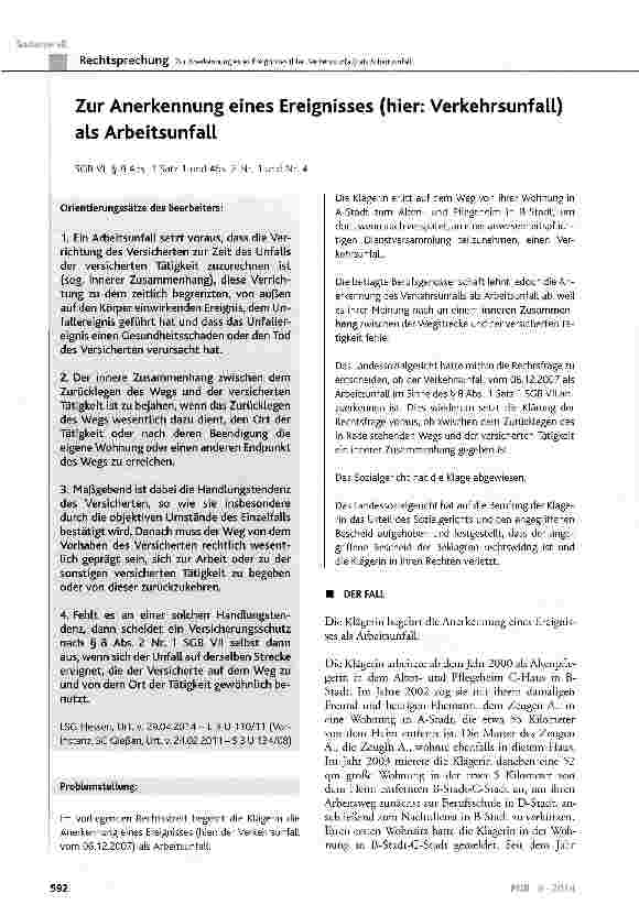 Vorschauseite 1: Zur Anerkennung eines Ereignisses (hier: Verkehrsunfall) als ArbeitsunfallSGB VII § 8 Abs. 1 Satz 1 und Abs. 2 Nr. 1 und Nr. 4
