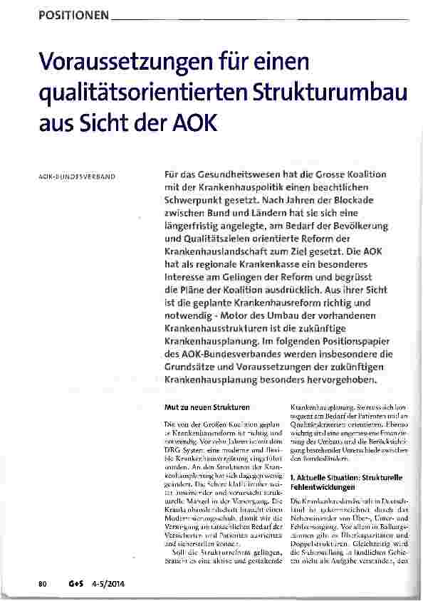 Vorschauseite 1: Voraussetzungen für einen qualitätsorientierten Strukturumbau aus Sicht der AOK