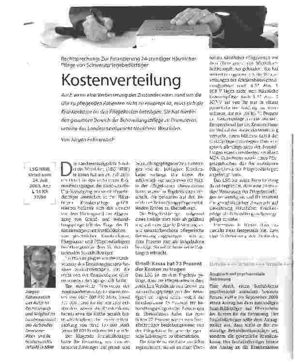 Vorschauseite 1: Kostenverteilung. Rechtsprechung: zur Finanzierung 24- stündiger Häuslicher Pflege von Schwerstpflegebedürftiger