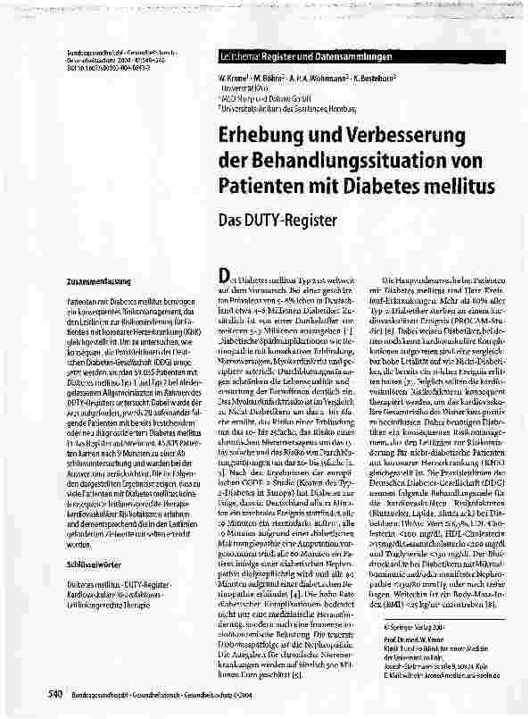 Vorschauseite 1: Erhebung und Verbesserung der Behandlungssituation von Patienten mit Diabetes mellitusDas DUTY-Register