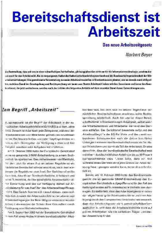 Vorschauseite 1: Bereitschaftsdienst ist Arbeitszeit Das neue Arbeitszeitgesetz
