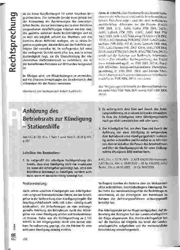 Vorschauseite 1: Anhörung des Betriebsrats zur Kündigung - Stationshilfe