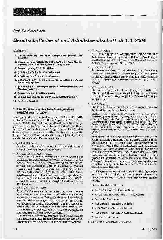 Vorschauseite 1: Bereitschaftsdienst und Arbeitsbereitschaft ab 1.1.2004