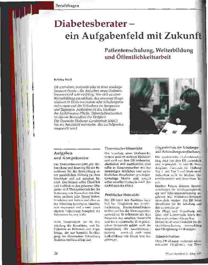 Vorschauseite 1: Diabetesberaterein Aufgabenfeld mit ZukunftPatientenschulung, Weiterbildung und Öffentlichkeitsarbeit