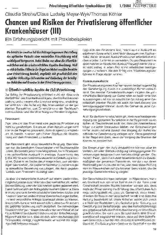 Vorschauseite 1: Chancen und Risiken der Privatisierung öffentlicher Krankenhäuser (III) Ein Erfahrungsbericht mit Praxisbeispielen