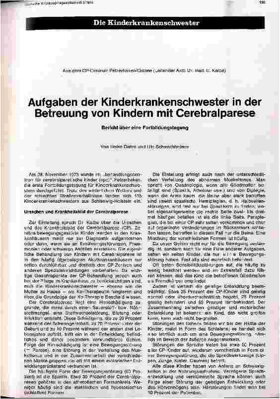 Vorschauseite 1: Aufgaben der Kinderkrankenschwester in der Betreuung von Kindern mit Cerebralparese - Bericht über eine Fortbildungstagung