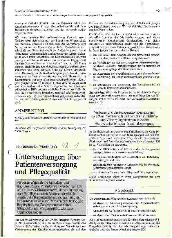 Vorschauseite 1: Untersuchungen über Patientenversorgung und Pflegequalität