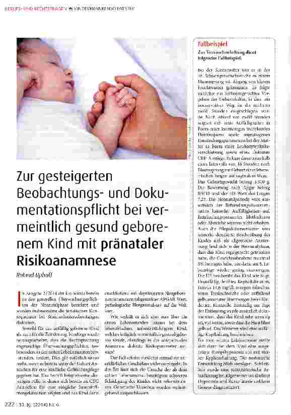 Vorschauseite 1: Zur gesteigerten Beobachtungsund Doku mentationspflicht bei vermeintlich gesund geborenem Kind mit pränataler Risikoanamnese