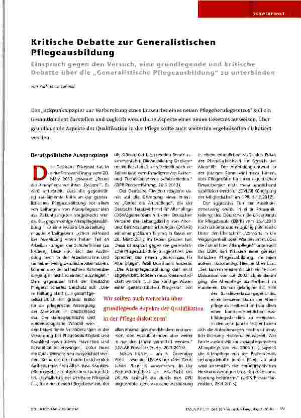 Vorschauseite 1: Kritische Debatte zur Generalistischen Pflegeausbildung über die „Generalistische Pflegeausbildung