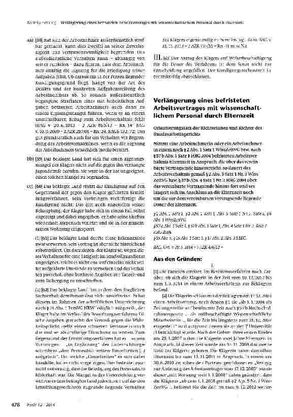 Vorschauseite 1: Verlängerung eines befristeten Arbeitsvertrages mit wissenschaftlichem Personal durch Elternzeit