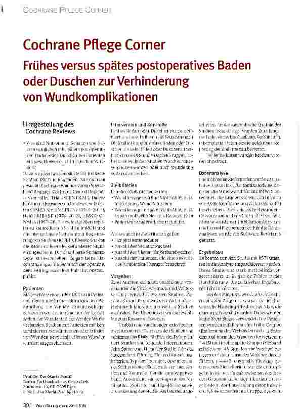 Vorschauseite 1: Cochrane Pflege Corner Frühes versus spätes postoperatives Baden oder Duschen zur Verhinderung von Wundkomplikationen