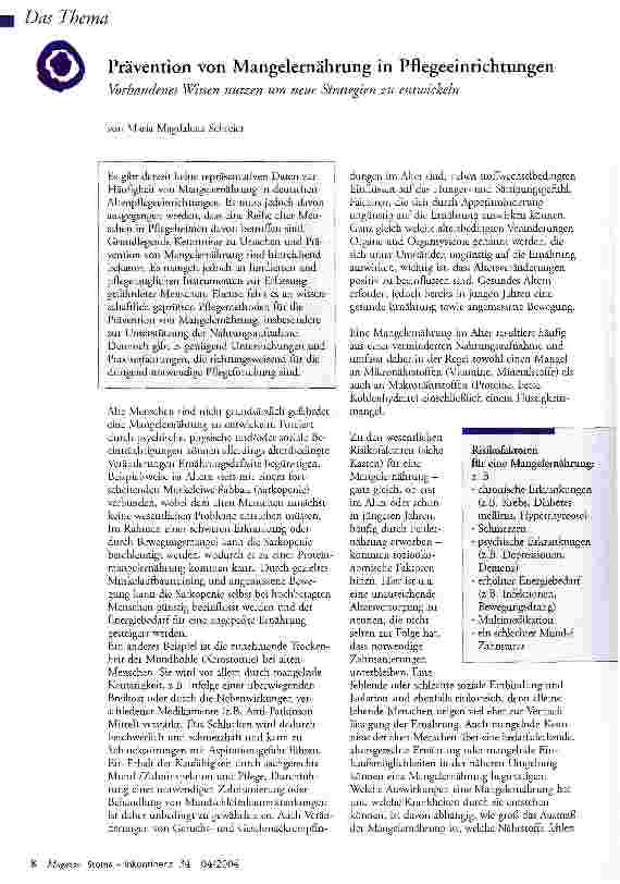 Vorschauseite 1: Prävention von Mangelernährung in Pflegeeinrichtungen Vorhandenes Wissen nutzen um neue Strategien zu entwickeln