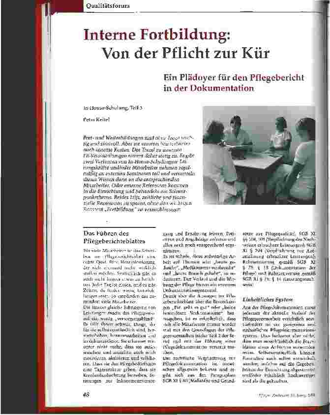 Vorschauseite 1: Interne Fortbildung: Von der Pflicht zur Kür Ein Plädoyer für den Pflegebericht in der Dokumentation