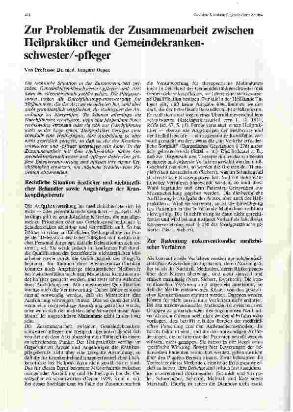Vorschauseite 1: Zur Problematik der Zusammenarbeit zwischen Heilpraktiker und Gemeindekranken-schwesterApfleger