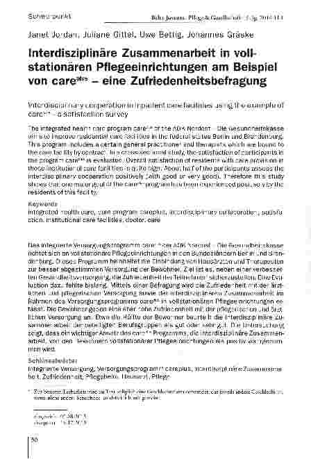 Vorschauseite 1: Interdisziplinäre Zusammenarbeit in vollstationären Pflegeeinrichtungen am Beispiel von careplus - eine Zufriedenheitsbefragung