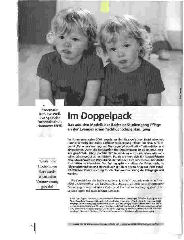 Vorschauseite 1: Im Doppelpack. Das additive Modell: der Bachelor-Studiengang Pflege an der Evangelischen Fachhochschule Hannover