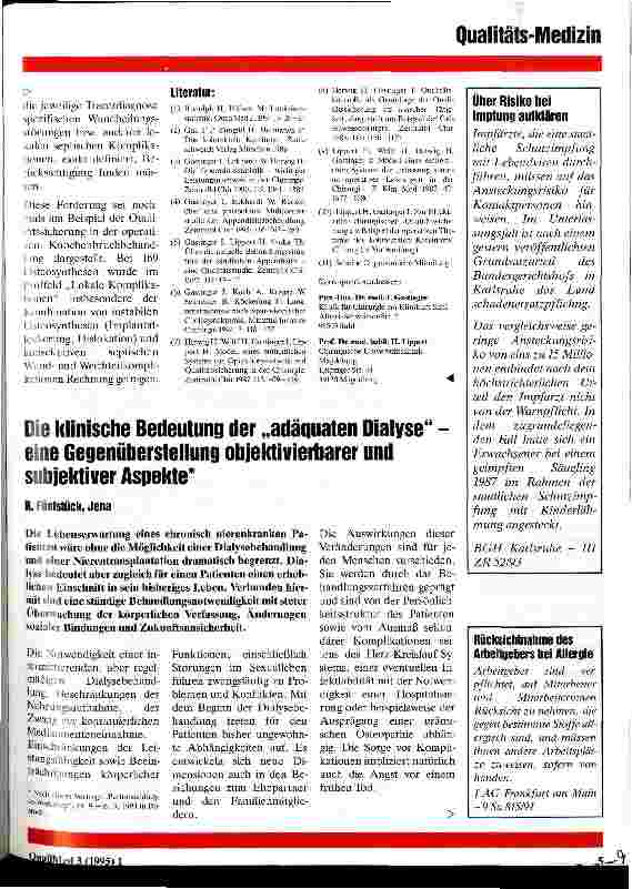 Vorschauseite 1: Die klinische Bedeutung der adäquaten Dialyse - eine Gegenüberstellung objektivierbarer und subjektiver Aspekte
