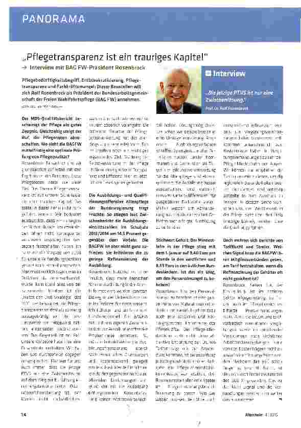 Vorschauseite 1: „Pflegetransparenz ist ein trauriges Kapitel Interview mit BAG FW-Präsident Rosenbrock