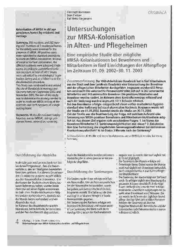 Vorschauseite 1: Untersuchungen zur MRSA-Kolonisation in Altenund Pflegeheimen. Eine empirische Studie über mögliche MRSA-Kolonisationen bei Bewohnern und Mitarbeitern in fünf Einrichtungen der Al…