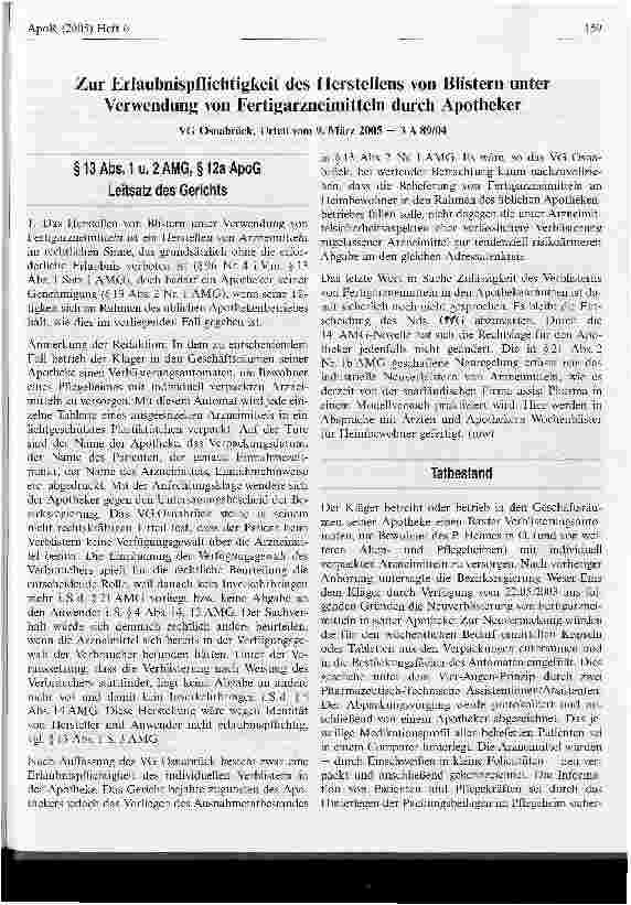 Vorschauseite 1: Zur Erlaubnispflichtigkeit des Hersteilens von Blistern unter Verwendung von Fertigarzneimitteln durch Apotheker